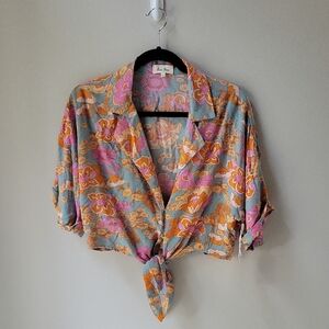 Anthropologie‎ Love Notes Crop Top Floral Tie-Front Rayon Blouse Size Large NWT